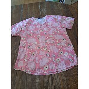 Med Nu Dimension Stretch Pink Floral Short Sleeve VNeck Scrub Top Shirt Pockets